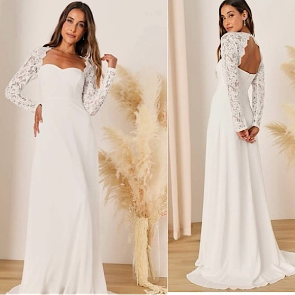 Lulus Promised Forever White Lace Long Sleeve Backless Maxi Dress, Size S, NWT - Picture 1 of 16